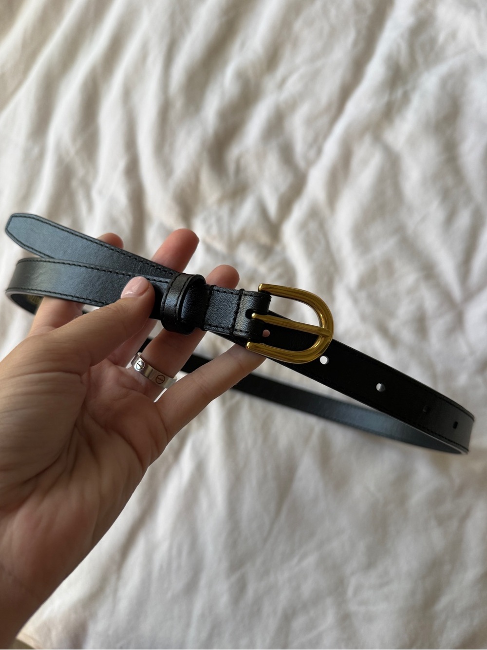 Aritzia Accent Solid Brass Leather Slim Belt Black Gold